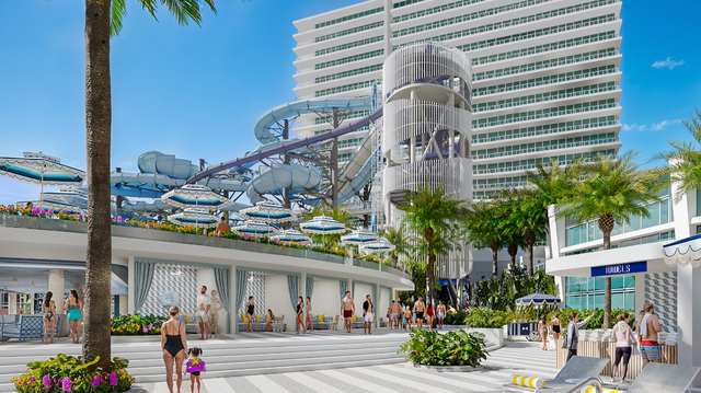 A rendering of the revised proposal by the Fontainebleau Miami Beach hotel to build a water park and renovate the pool area. A rendering of the revised proposal by the Fontainebleau Miami Beach hotel to build a water park and renovate the pool area.